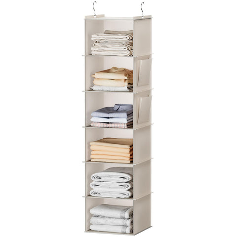 YOUDENOVA Hanging Wardrobe Organiser, 6 Shelves with Side Pockets, Grey – Make Every Shelf Count