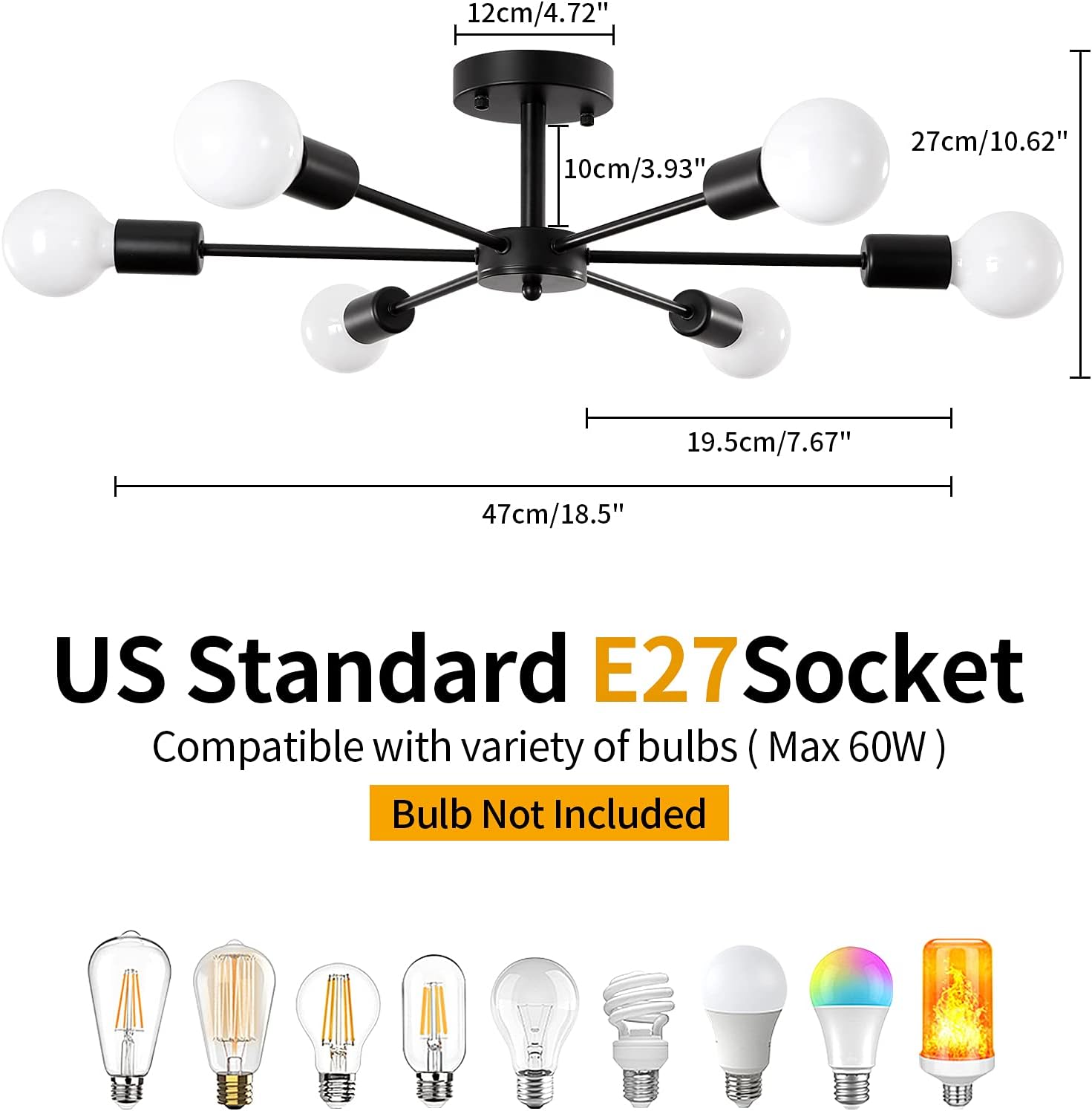 Modern ceiling light fixture with measurements and compatibility information for E27 bulbs.