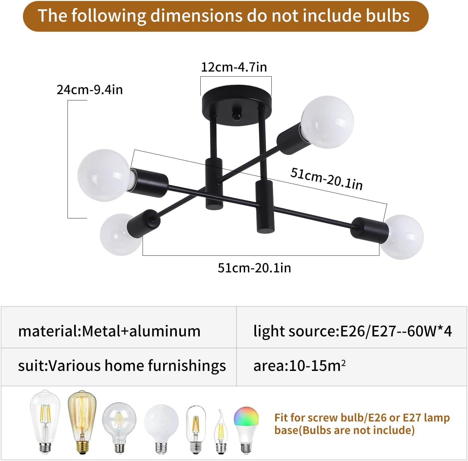 Chandelier with dimensions and bulb compatibility information on a white background