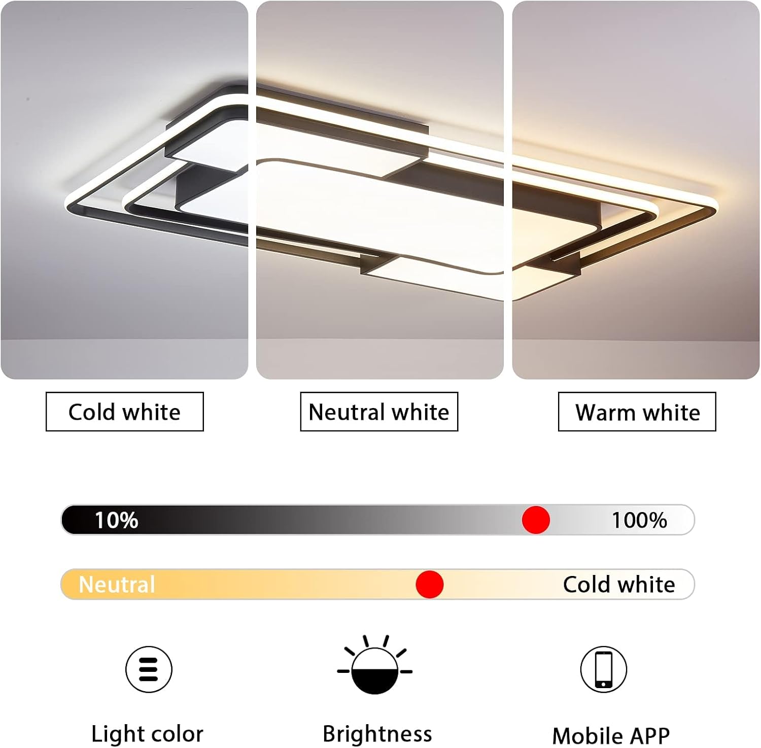 Ceiling light fixture with color temperature options and brightness control on a gray background