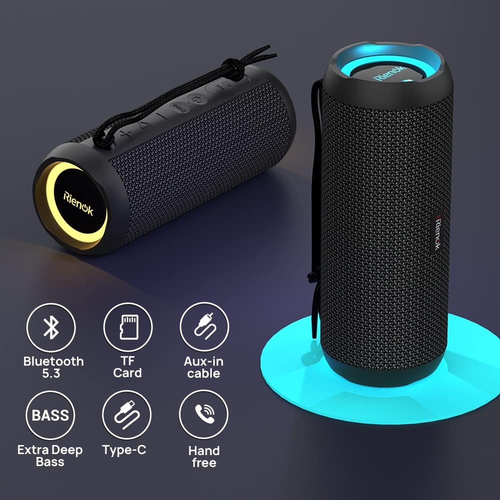 Black portable speaker with Rienok branding on a dark background
