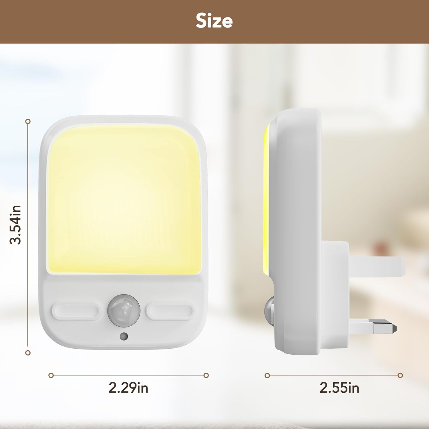 Size chart of a motion sensor light with dimensions labeled.