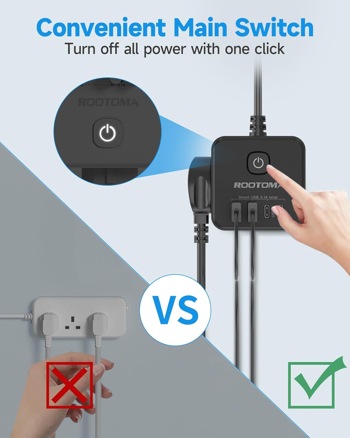 Rootoma power strip with convenient main switch on a white background
