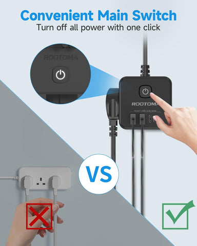 Rootoma power strip with convenient main switch on a white background