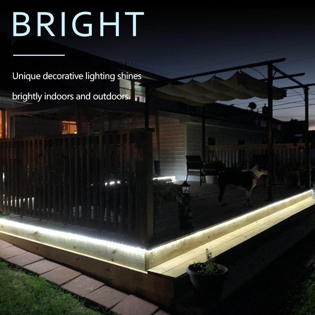 Outdoor deck with embedded lighting at night, highlighting the 'BRIGHT' feature.