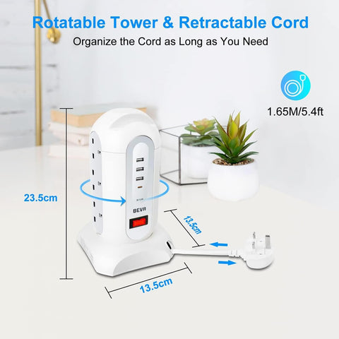 Tower Extension Lead with Surge Protection, 9 AC Outlets & 4 USB Ports, 1.65M Retractable Cable, Multi Plug Power Strip Tower