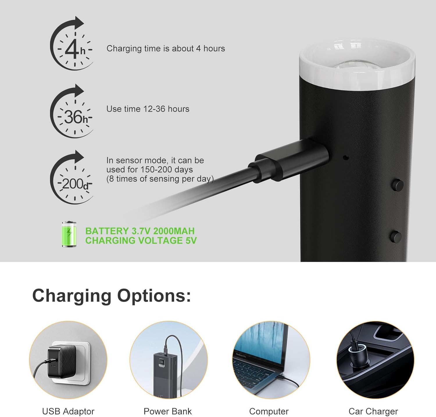 Black cylindrical device with charging information and options displayed.
