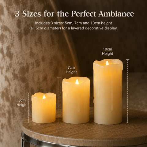 Festive Lights Set of 3 Real Wax Flameless LED Pillar Candles – Warm White Flickering Battery Operated Candles with Dripping Wax Effect for Home, Weddings & Events
