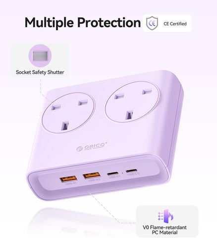 ORICO PD 25W Purple Extension Lead with 2 USB-C & 2 USB-A Ports, 2 AC Sockets and 1.6m Cable – A Smarter, Tidier Way to Power Your Everyday Essentials