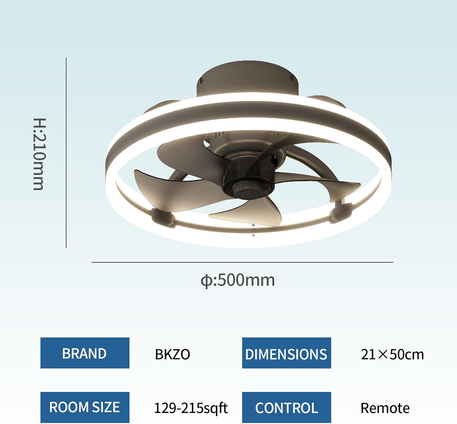 Ceiling fan with dimensions and brand information on a light blue background