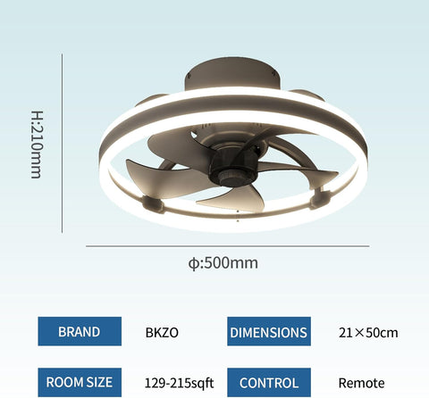 Ceiling fan with dimensions and brand information on a light blue background