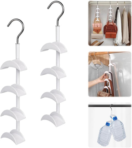 Minicoco 2 Pack Swivel Handbag Organiser with 4 Rotating Hooks Each, White Space-Saving Storage for Bags, Scarves and Accessories