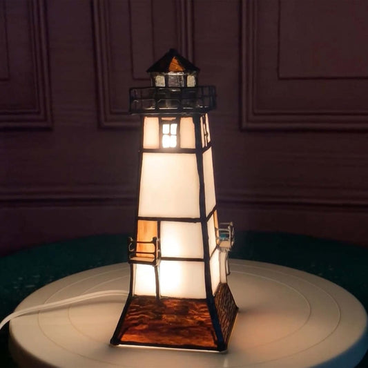 Lighthouse Table Lamp Tiffany Style Stained Glass Accent Night Light with Lookout Platforms for Bedside Bedroom L30727