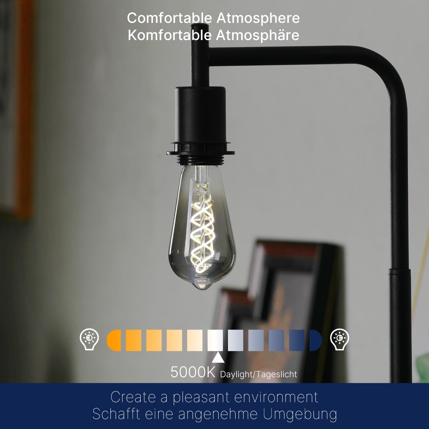 Vintage-style light bulb in a black holder with text about a comfortable atmosphere.