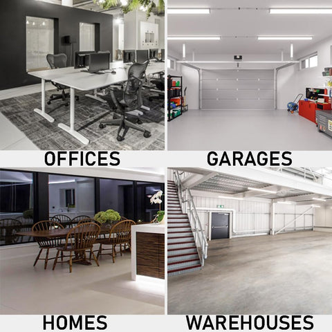 Collage of office, garage, home, and warehouse interior scenes.