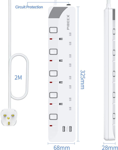 Extension Lead with 4 Way Plug Sockets, Wall Mountable Extension Socket with Individual Switches and 2 USB Charging Ports, 13A 3250W, 2M Extension Cord