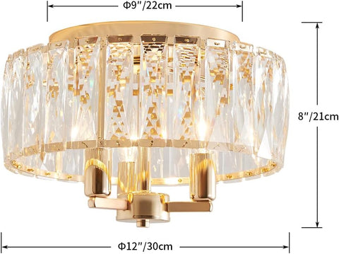 Modern K9 Crystal Flush Mount Ceiling Light, Gold Finish, 3-Light E14