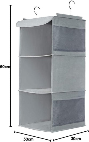 BrilliantJo Hanging Storage with 3 Shelves Wardrobe Closet Organiser, Storage Shelves Unit with 4 Pockets for Clothes Bag Shoes - Grey(30 x 30 x 60cm)