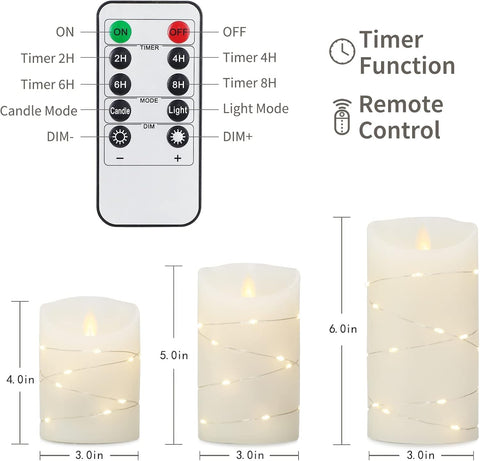 Flameless LED Wax Pillar Candles with Fairy Lights, Remote & Timer, Flickering Battery Operated Candle Set of 3 (4″/5″/6″)