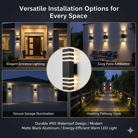 Outdoor lighting fixtures with text on installation options and features.