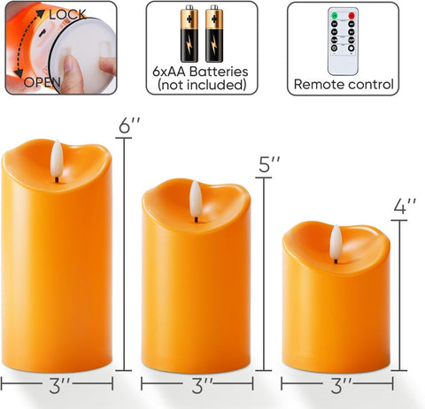 3 Pack Orange Flameless LED Candles with Remote – Waterproof Flickering Pillar Candles for Autumn, Halloween & Outdoor Décor