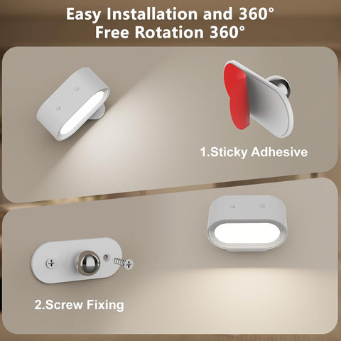 2PACK Rechargeable White Wall Light, Battery Operated Wall Lamp with Touch Control 3 Color Modes, 4 Dimmings, 360 ° Rotation, 1H Timer, Rechargeable Wall Sconce for Reading Bedroom