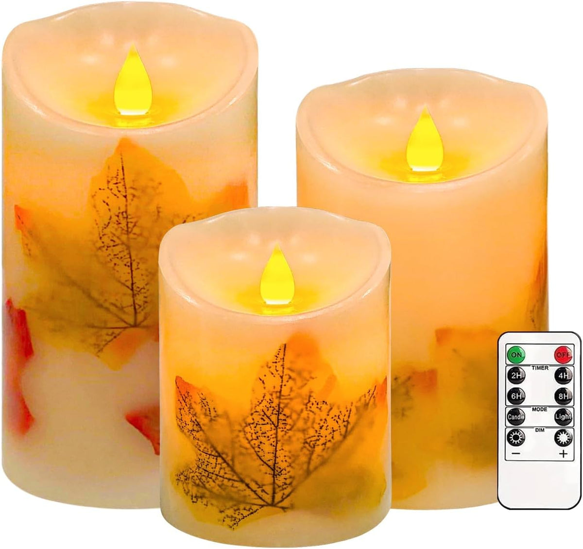 Halloween Flickering Flameless Candles, Set of 3 Candle Lamp with Remote Maple Leaf Battery Operated LED Candle with Timer, Real Wax Pillar Candles Lights Decor for Halloween Fall Thanksgiving Home