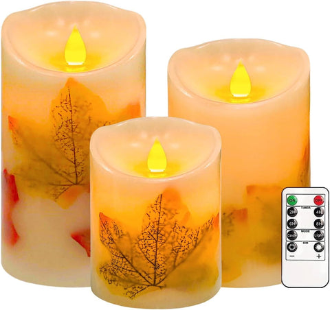 Halloween Flickering Flameless Candles, Set of 3 Candle Lamp with Remote Maple Leaf Battery Operated LED Candle with Timer, Real Wax Pillar Candles Lights Decor for Halloween Fall Thanksgiving Home