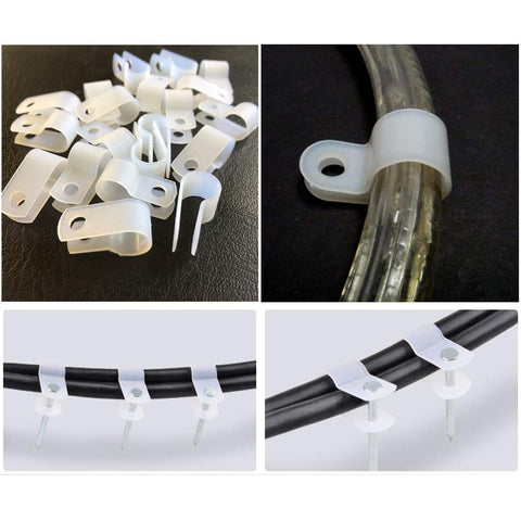 100pcs R Type Nylon Cable Clips,1/4inch cable management clips,Cable Tidy Clips,P Clips with Stainless Steel Screws,Cable Clips Outdoor for Home and Office (White)