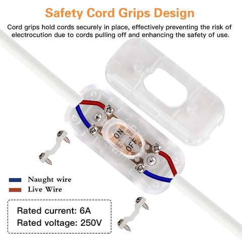 Helunsi Inline Switch 2 Pcs, Clear Lamp Cord Button Torpedo Switch, Rated 6A 250V ON OFF Electrical Wire Appliance Rocker Switches, Repair Replacement Control Power Cable Plug Desk Table Light Parts