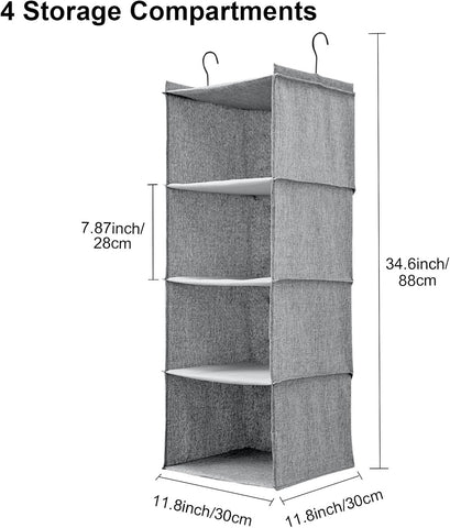BOMEI PACK Grey Hanging Wardrobe Organiser, 4 Shelves – Foldable Closet Storage with Curved Metal Hooks