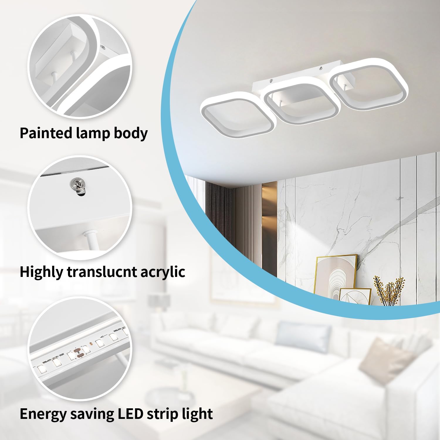 Ceiling light fixture with close-up details on painted lamp body, acrylic material, and LED strip light.