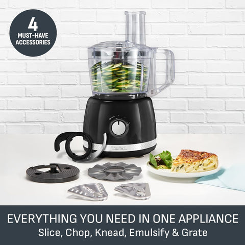 Black Collection 500W All-In-One Food Processor – 2.4L Bowl, 13 Functions, 2 Speeds, 4 Accessories, Dishwasher Safe