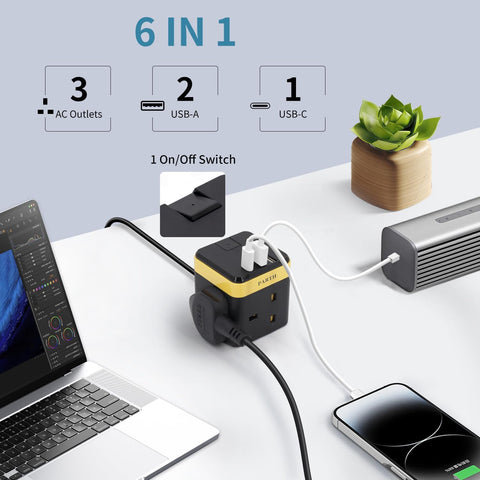 Cube Extension Lead with USB C & 2 USB A, 3 Way Power Strip 2M 13A