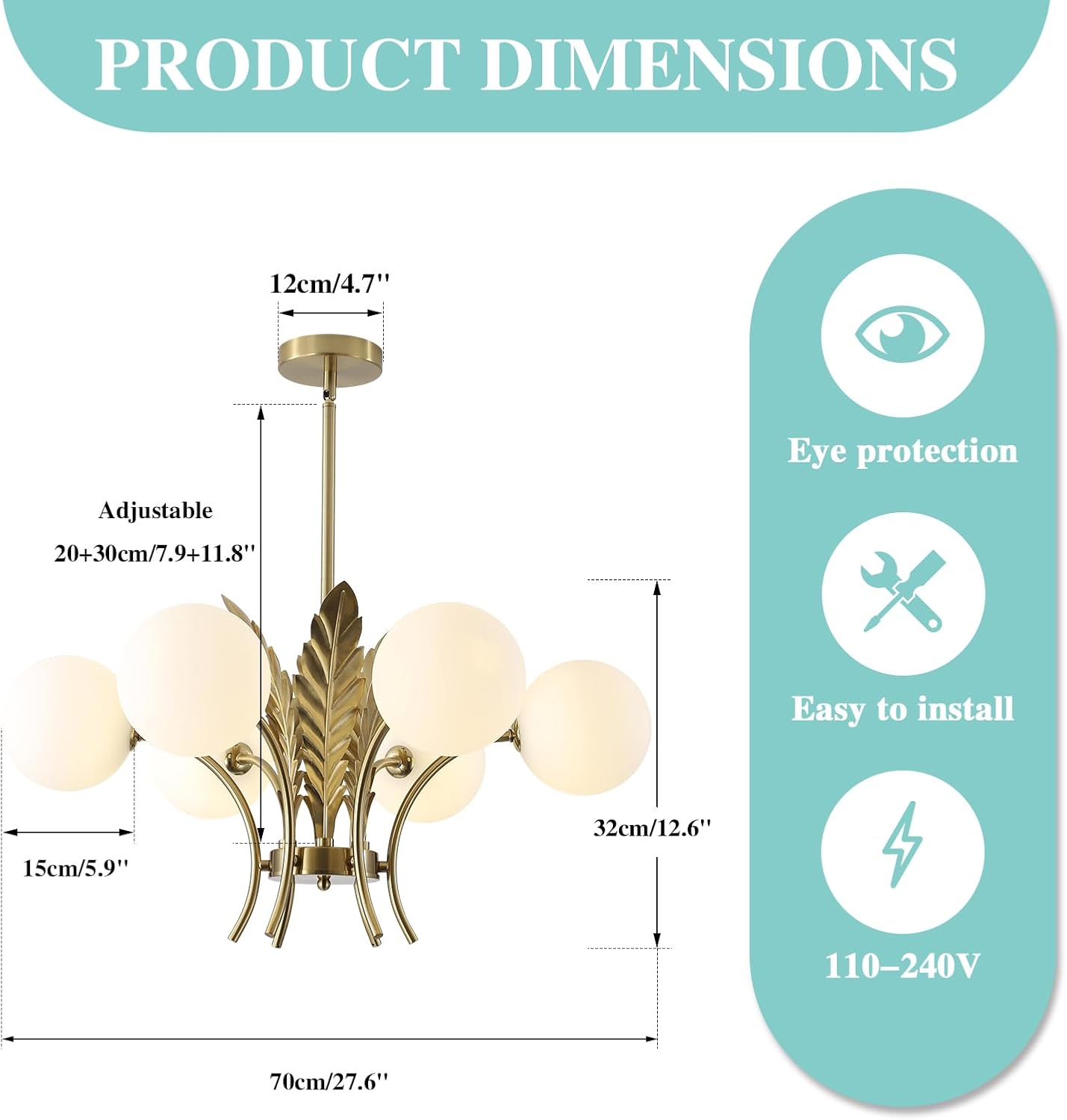 Chandelier with dimensions and features on a white background