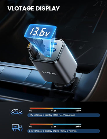 Lamicall 4-in-1 Retractable Car Charger Adapter 69W USB-C & USB-A