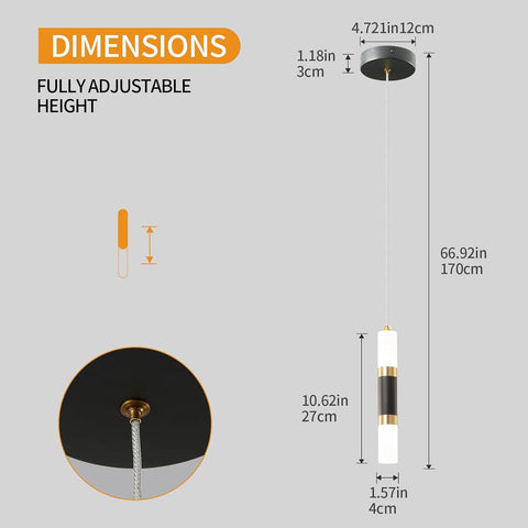 Dimensions of a ceiling light fixture with adjustable height on a gray background