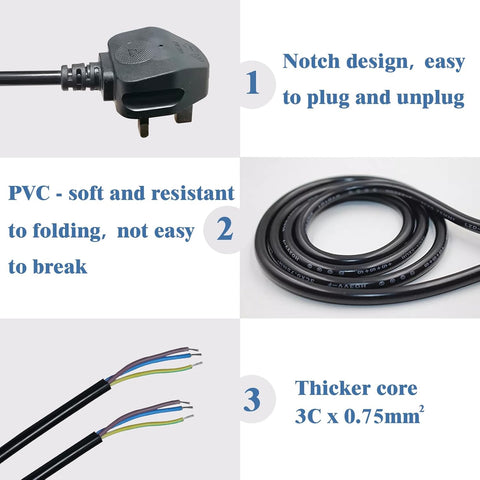13A 3 Pin Plug Power Cable 1.5m 3 Core Fused