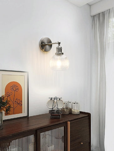Modern Indoor Vintage Wall Light Sconce with Clear Striped Glass Globe for Farmhouse Living Room Bedroom Bathroom