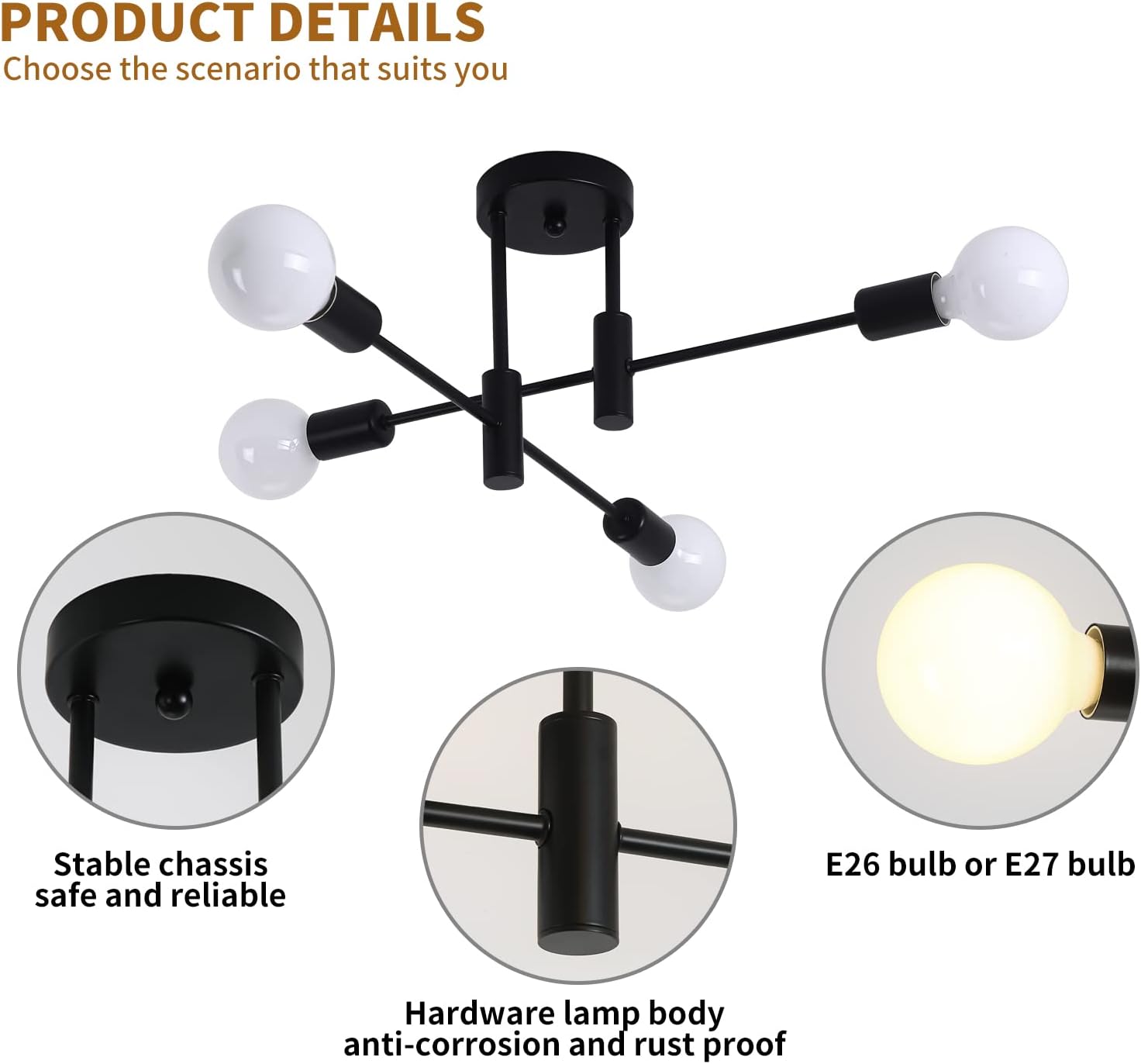 Ceiling light fixture with E26/E27 bulb compatibility and stable chassis safety features.