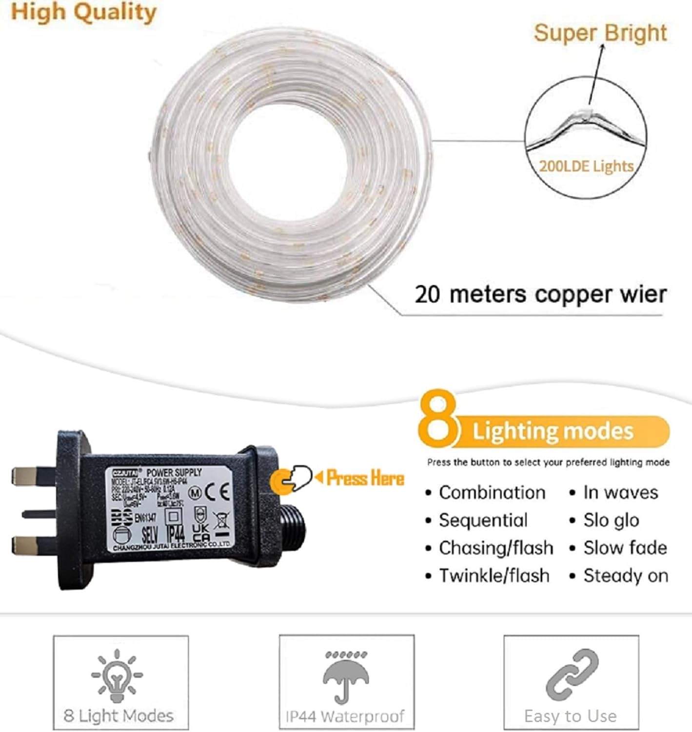 LED strip light with power supply and features highlighted on a white background