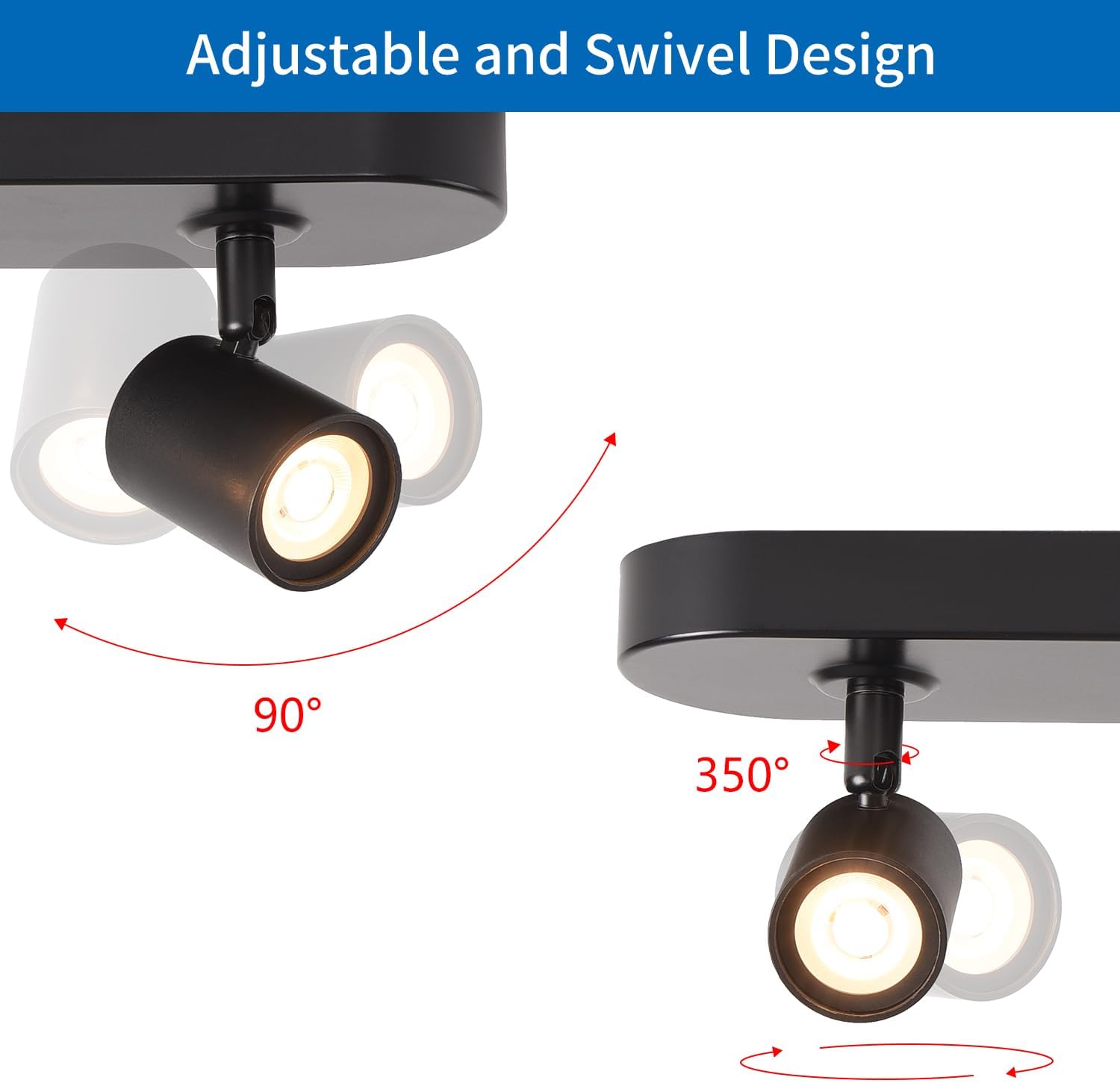 Adjustable and swivel design of a ceiling light fixture with labeled movements.