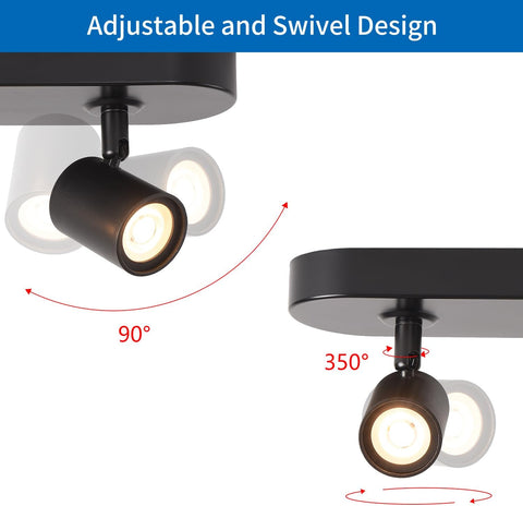 Adjustable and swivel design of a ceiling light fixture with labeled movements.