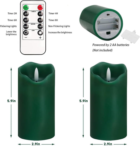 Green Flameless Pillar Candles Set of 2, 6×3 Inch Real Wax LED Candles with Remote, Timer & Dimmable Flickering Light