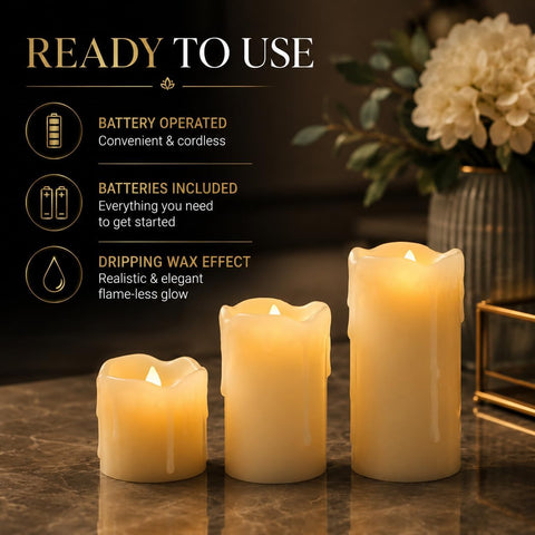 Festive Lights Set of 3 Real Wax Flameless LED Pillar Candles – Warm White Flickering Battery Operated Candles with Dripping Wax Effect for Home, Weddings & Events