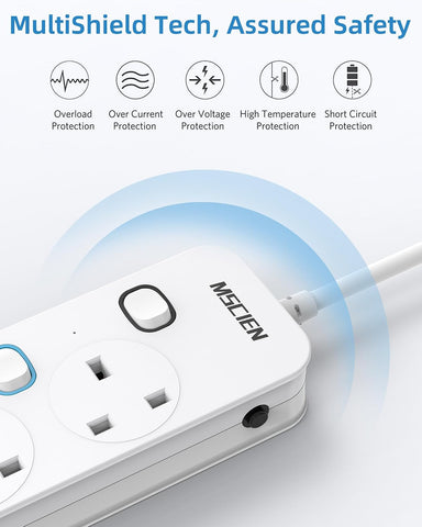 Mscien 1M 5 Way Extension Lead with Individual Switches – Wall-Mountable White Power Strip for Home & Office – Keep Every Plug Within Easy Reach