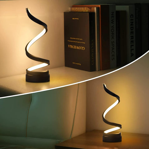 Dimmable LED Spiral Table Lamp – 12W Eye-Caring Curved Bedside Lamp, Black Modern Design with 3 Color Temperatures & Adjustable Brightness