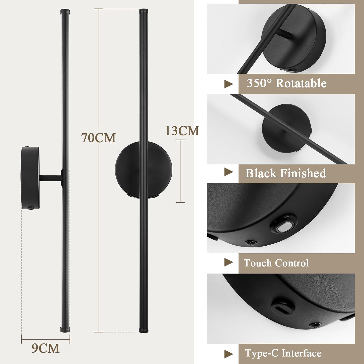 Black wall lamp with measurements and features on a white background