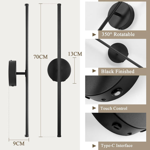Black wall lamp with measurements and features on a white background