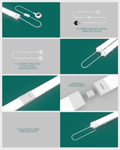 Product packaging with various components on a green and gray background